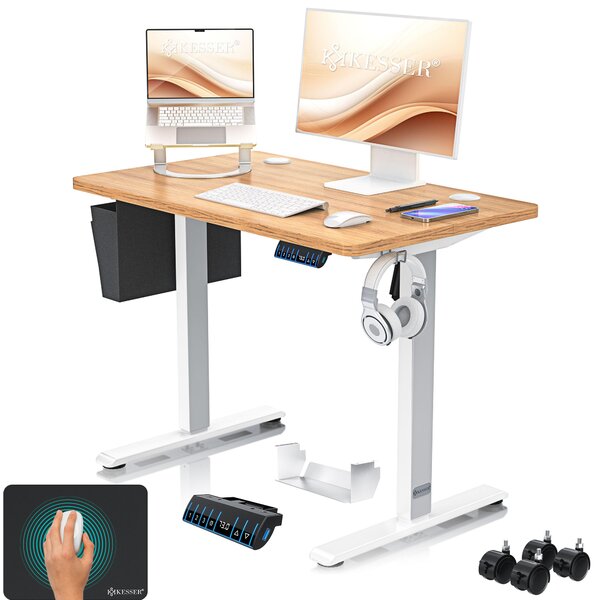 Scrivania KESSER® elettrica e regolabile in altezza, scrivania per computer ergonomica, posizione in piedi e seduta, 3 impostazioni di memoria, rotelle a 360°, porta di ricarica USB, 100x60 cm, beige