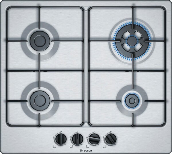 Bosch Piano Cottura 4 Fuochi a gas da Incasso (1 Bruciatore Wok) Larghezza 60 cm colore Inox - PGH6B5B80 Serie 4