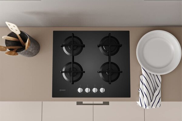 Indesit Piano Cottura 4 Fuochi a gas da Incasso Larghezza 60 cm in Vetro colore Nero - ING 61T/BK