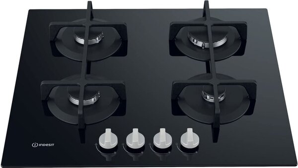 Indesit Piano Cottura 4 Fuochi a gas da Incasso Larghezza 60 cm in Vetro colore Nero - ING 61T/BK