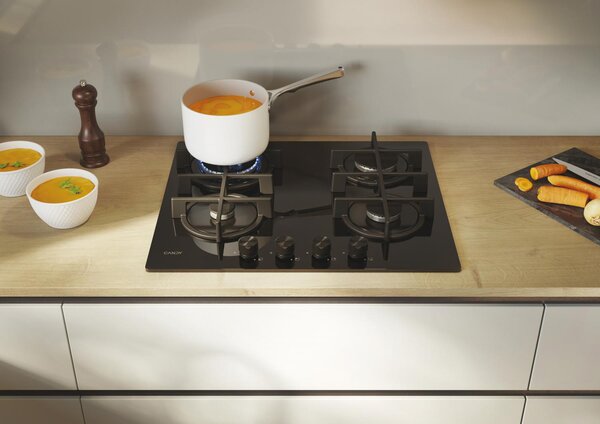 Candy Piano Cottura 4 Fuochi a Gas Larghezza 60 cm (1 Bruciatore Doppia Corona) in Vetro colore Nero - CVG6BR4WTB Moderna