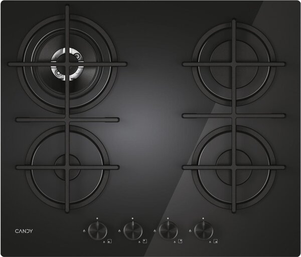 Candy Piano Cottura 4 Fuochi a Gas Larghezza 60 cm (1 Bruciatore Doppia Corona) in Vetro colore Nero - CVG6BR4WTB Moderna