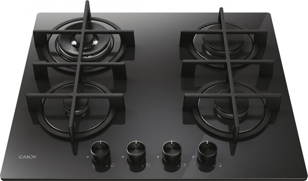 Candy Piano Cottura 4 Fuochi a Gas Larghezza 60 cm (1 Bruciatore Doppia Corona) in Vetro colore Nero - CVG6BR4WTB Moderna