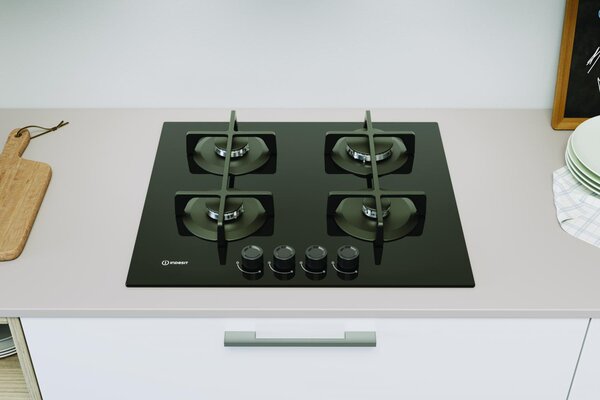 Indesit Piano Cottura 4 Fuochi a Gas Larghezza 59 cm in Vetro colore Nero - ING 61T/BK 1