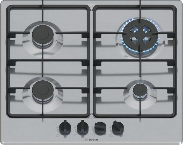 Bosch Piano Cottura 4 Fuochi a Gas Larghezza 60 cm (1 Bruciatore Wok) in Acciaio Inox colore Inox - PGH6B5K60 Serie 4