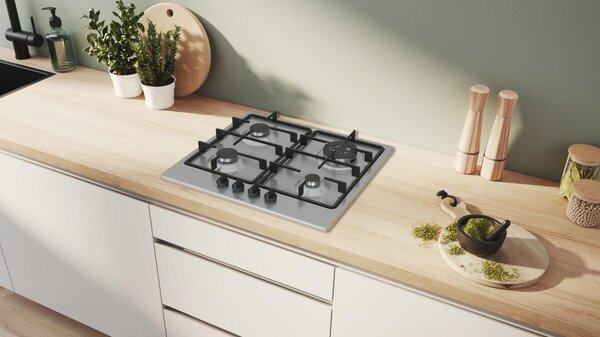 Bosch Piano Cottura 4 Fuochi a Gas Larghezza 60 cm (1 Bruciatore Wok) in Acciaio Inox colore Inox - PGH6B5K60 Serie 4