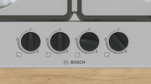 Bosch Piano Cottura 4 Fuochi a Gas Larghezza 60 cm (1 Bruciatore Wok) in Acciaio Inox colore Inox - PGH6B5K60 Serie 4