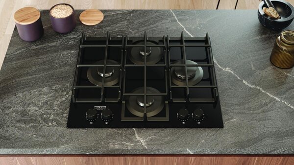 Hotpoint Ariston Piano Cottura 4 Fuochi a Gas Larghezza 60 cm in Vetro colore Nero - HAGS 61F/BK 1