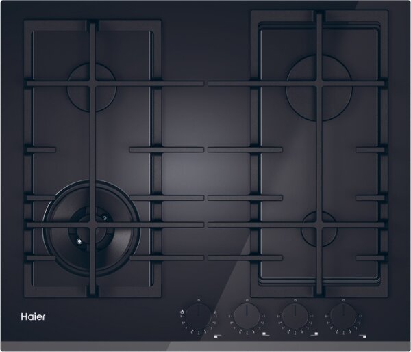 Haier Piano Cottura 4 Fuochi a Gas Larghezza 60 cm in Vetro Temperato colore Nero - HAVG6BF4TB-PB Gas On Glass Serie 4