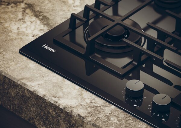 Haier Piano Cottura 4 Fuochi a Gas Larghezza 60 cm in Vetro Temperato colore Nero - HAVG6BF4TB-PB Gas On Glass Serie 4
