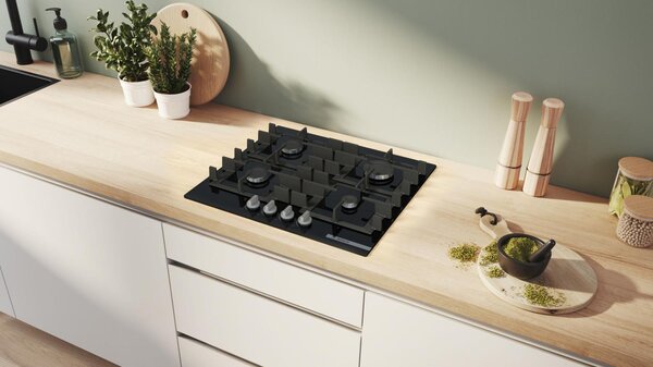 Bosch Piano Cottura 4 Fuochi a Gas Larghezza 60 cm in Vetro Temperato colore Nero - PNP6B6K40 Serie 4