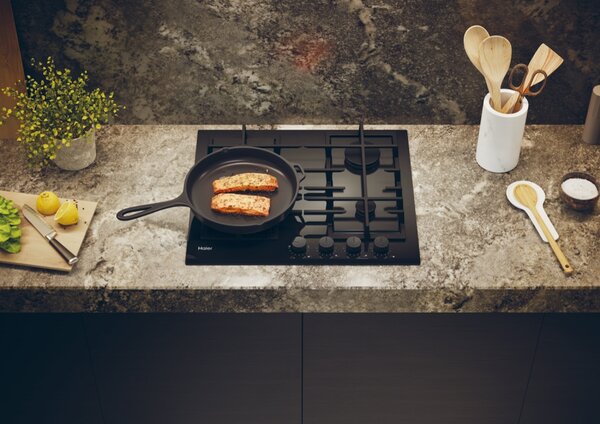 Haier Piano Cottura 4 Fuochi a Gas Larghezza 60 cm in Vetro Temperato colore Nero - HAVG6BF4TB-PB Gas On Glass Serie 4