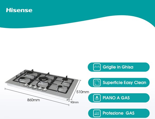 Hisense Piano Cottura 5 Fuochi (1 Bruciatore Wok) a Gas da Incasso Larghezza 90 cm Griglie in Ghisa colore Inox - GM973XF