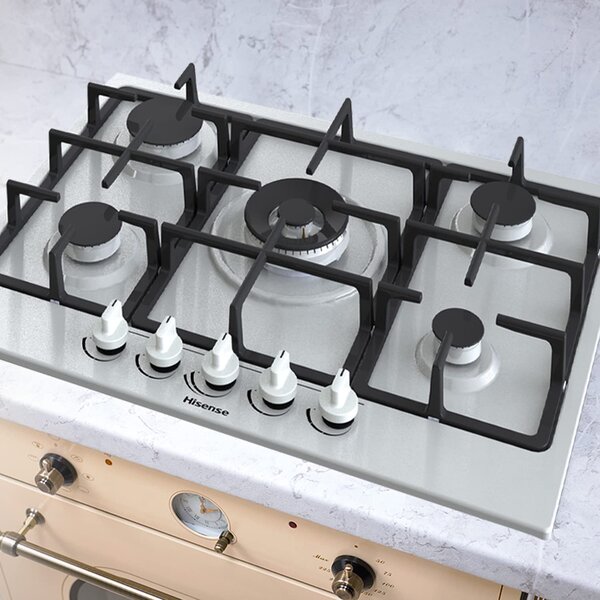 Hisense Piano Cottura 5 Fuochi (1 Bruciatore Wok) a Gas da Incasso Larghezza 90 cm Griglie in Ghisa colore Inox - GM973XF