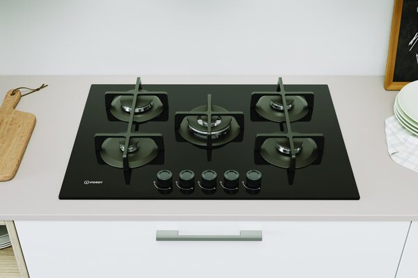 Indesit Piano Cottura 5 Fuochi a Gas 73 cm (1 Bruciatore Doppia Corona) in Vetro colore Nero - ING 72T/BK 1