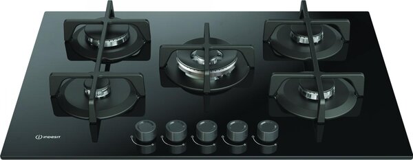 Indesit Piano Cottura 5 Fuochi a Gas 73 cm (1 Bruciatore Doppia Corona) in Vetro colore Nero - ING 72T/BK 1