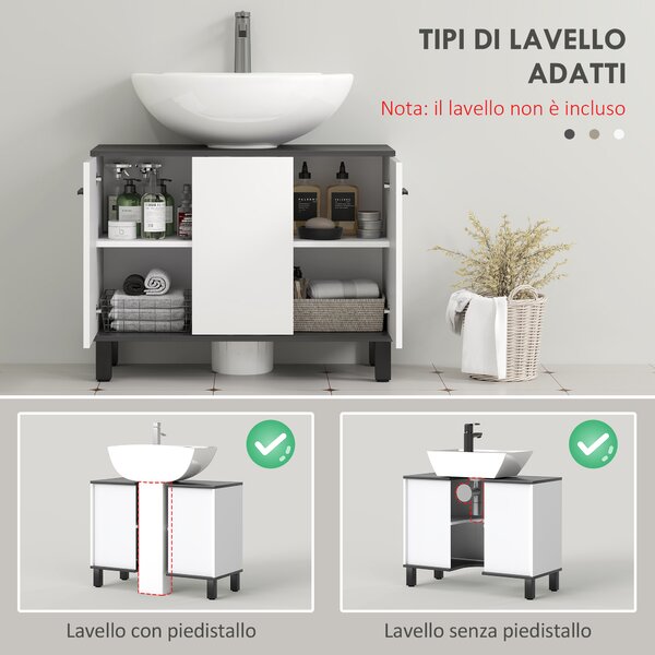 HOMCOM Mobile Sottolavabo Bagno con Armadietto 2 Ante e Ripiano Regolabile, 80x34x60 cm, Bianco Lucido