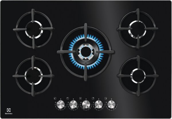Electrolux Piano Cottura 5 Fuochi a Gas 74 cm (1 Bruciatore Wok) in Vetro colore Nero - KGG75372K