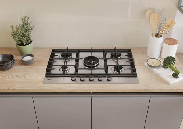 Hoover Piano Cottura 5 Fuochi a Gas 75 cm (1 Bruciatore Doppia Corona) in Acciaio Inox colore Inox - HHG75WC5X H-HOB 500 GAS ON METAL