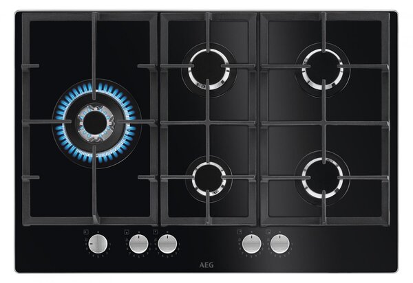Aeg Piano Cottura 5 Fuochi a Gas 75 cm (1 Bruciatore Doppia Corona) in Vetro colore Nero - HKB75820NB