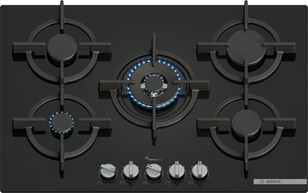 Bosch Piano Cottura 5 Fuochi a Gas 75 cm (1 Bruciatore Wok) in Vetro colore Nero - PPQ7A6I15