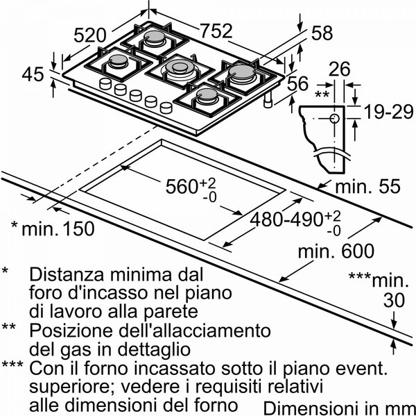 Bosch Piano Cottura 5 Fuochi a Gas 75 cm (1 Bruciatore Wok) in Vetro colore Nero - PPQ7A6I15