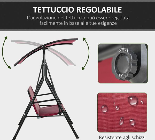 Outsunny Dondolo da Giardino 3 Posti in Acciaio con Tetto Parasole in Poliestere, 172x110x153 cm, Rosso e Nero