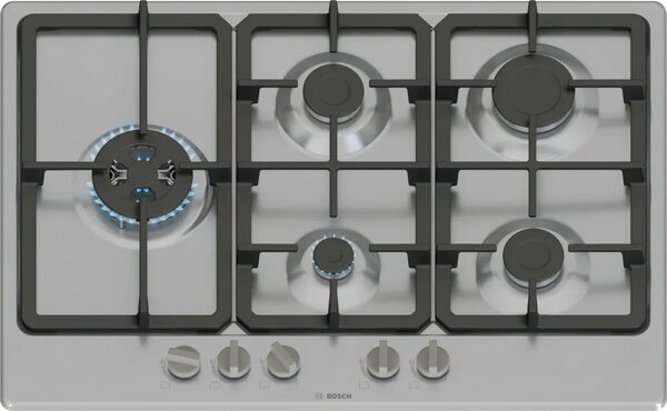 Bosch Piano Cottura 5 Fuochi a Gas 75 cm (1 Bruciatore Wok) in Acciaio Inox colore Inox - PGM7B5K90 Serie 4