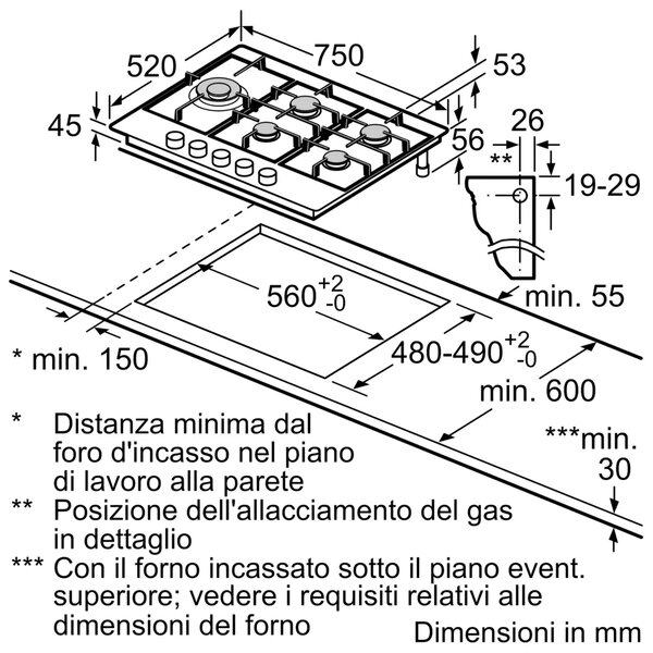 Bosch Piano Cottura 5 Fuochi a Gas 75 cm (1 Bruciatore Wok) in Acciaio Inox colore Inox - PGM7B5K90 Serie 4