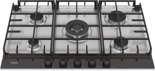 Haier Piano Cottura 5 Fuochi a Gas 75 cm Griglie in Ghisa (1 Bruciatore Doppia Corona) colore Inox - Gas on Metal Serie 2 HAHG74S2X