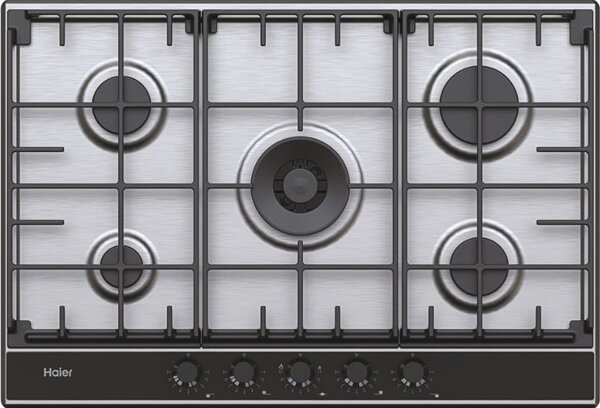 Haier Piano Cottura 5 Fuochi a Gas 75 cm Griglie in Ghisa (1 Bruciatore Doppia Corona) colore Inox - Gas on Metal Serie 2 HAHG74S2X