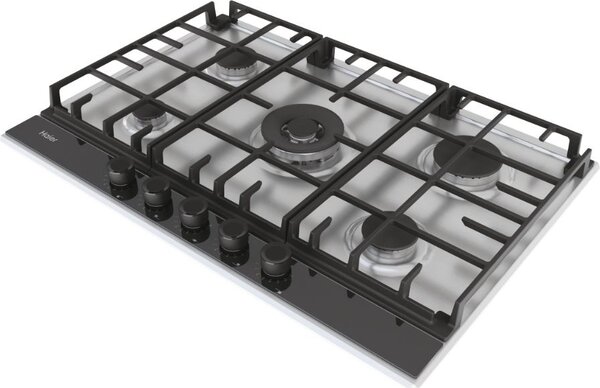 Haier Piano Cottura 5 Fuochi a Gas 75 cm Griglie in Ghisa (1 Bruciatore Doppia Corona) colore Inox - Gas on Metal Serie 2 HAHG74S2X
