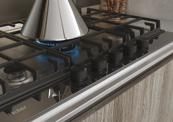 Haier Piano Cottura 5 Fuochi a Gas 75 cm Griglie in Ghisa (1 Bruciatore Doppia Corona) colore Inox - Gas on Metal Serie 2 HAHG74S2X