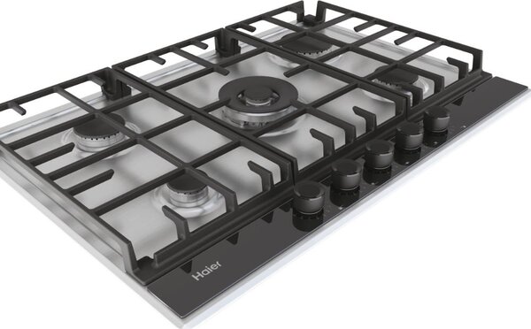 Haier Piano Cottura 5 Fuochi a Gas 75 cm Griglie in Ghisa (1 Bruciatore Doppia Corona) colore Inox - Gas on Metal Serie 2 HAHG74S2X