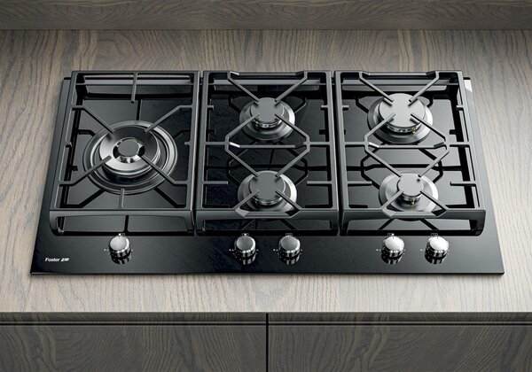 FOSTER Piano Cottura 5 Fuochi a Gas 90 cm (1 Bruciatore Doppia Corona) in Vetro colore Nero - 7044 632 Power Glass