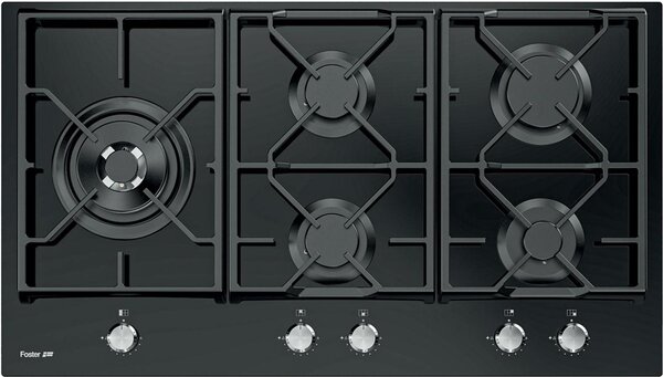 FOSTER Piano Cottura 5 Fuochi a Gas 90 cm (1 Bruciatore Doppia Corona) in Vetro colore Nero - 7044 632 Power Glass