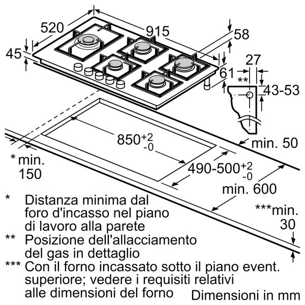 Bosch Piano Cottura 5 Fuochi a Gas 90 cm (1 Bruciatore Wok) in Vetro colore Nero - PRS9A6H40 Serie 8