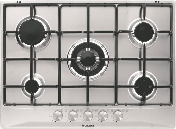 Glem Gas Piano Cottura 5 Fuochi a gas da Incasso (1 Bruciatore Tripla Corona) Larghezza 70 cm colore Inox - GT755IX