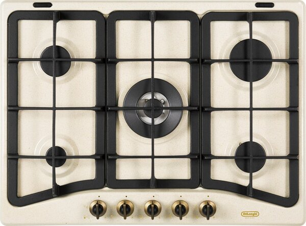 De Longhi Piano Cottura 5 Fuochi a gas da Incasso (1 Bruciatore Tripla Corona) Larghezza 70 cm con Griglie in Ghisa colore Avena - AVF 57 PRO
