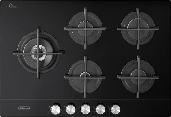 De Longhi Piano Cottura 5 Fuochi a Gas da Incasso 75 cm Griglie in Ghisa Piano in Vetroceramica colore Nero - NSL 575D NCM Linea Life