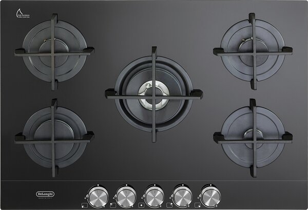 De Longhi Piano Cottura 5 Fuochi a Gas da Incasso 75 cm Griglie in Ghisa Piano in Vetroceramica colore Nero - NSL 575 NC Linea Life