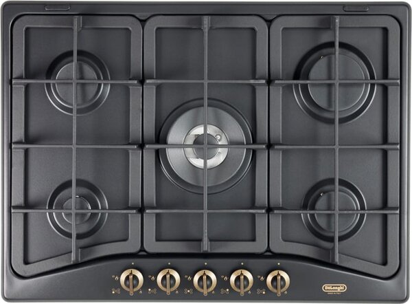 De Longhi Piano Cottura 5 Fuochi a Gas da Incasso (1 bruciatore Wok) Larghezza 70 cm colore Antracite - ANF 57 PRO