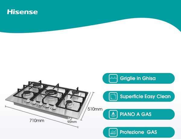 Hisense Piano Cottura 5 Fuochi a Gas da Incasso Larghezza 70 cm Griglie in Ghisa colore Inox - GM773XF