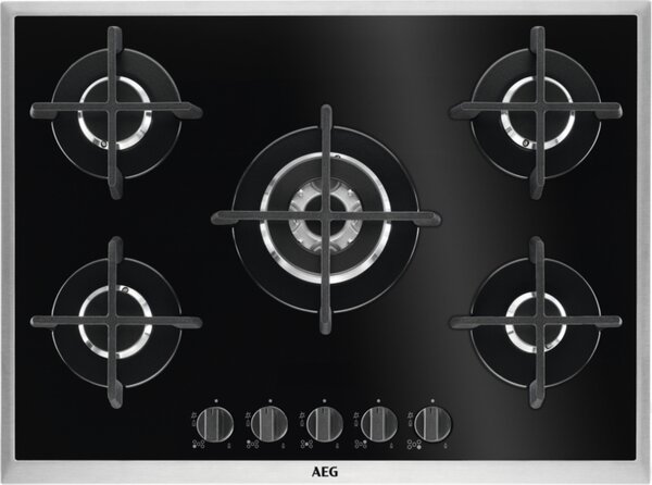 Aeg Piano Cottura 5 Fuochi a Gas Larghezza 70 cm (1 Bruciatore Wok) in Vetroceramica colore Nero - HG795450XB