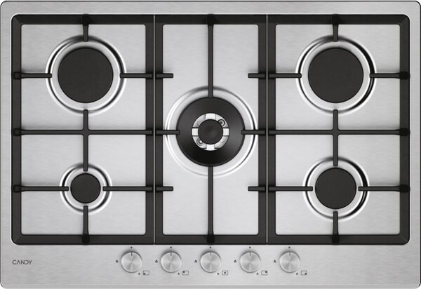 Candy Piano Cottura 5 Fuochi a Gas Larghezza 75 cm (1 Bruciatore Doppia Corona) colore Acciaio Inox - CHG74WTX Moderna