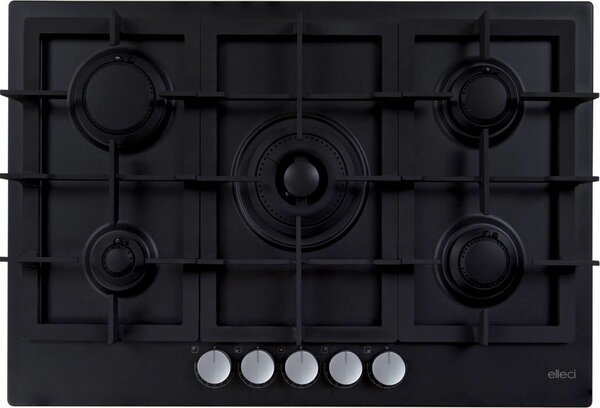 ELLECI Piano Cottura 5 Fuochi a Gas Larghezza 75 cm (1 Bruciatore Tripla Corona) in Keratek colore Nero - PGPP75140CS Plano Plus 75 G40