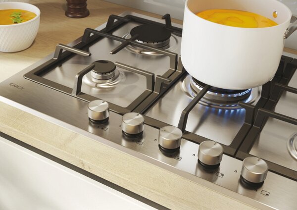 Candy Piano Cottura 5 Fuochi a Gas Larghezza 75 cm (1 Bruciatore Doppia Corona) colore Acciaio Inox - CHG74WTX Moderna