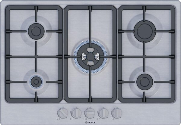Bosch Piano Cottura 5 Fuochi a Gas Larghezza 75 cm (1 Bruciatore Wok) in Acciaio Inox colore Inox - PGQ7B5K90 Serie 4