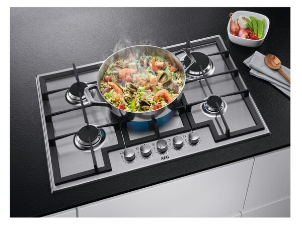 Aeg Piano Cottura 5 Fuochi a Gas Larghezza 75 cm (1 Bruciatore Wok) in Acciaio Inox colore Inox - HGB75420SM Serie 6000 Slim Line