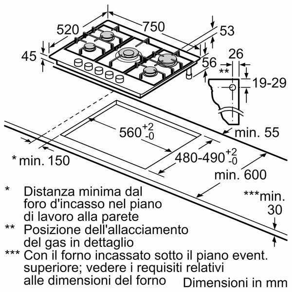Bosch Piano Cottura 5 Fuochi a Gas Larghezza 75 cm (1 Bruciatore Wok) in Acciaio Inox colore Inox - PGQ7B5K90 Serie 4